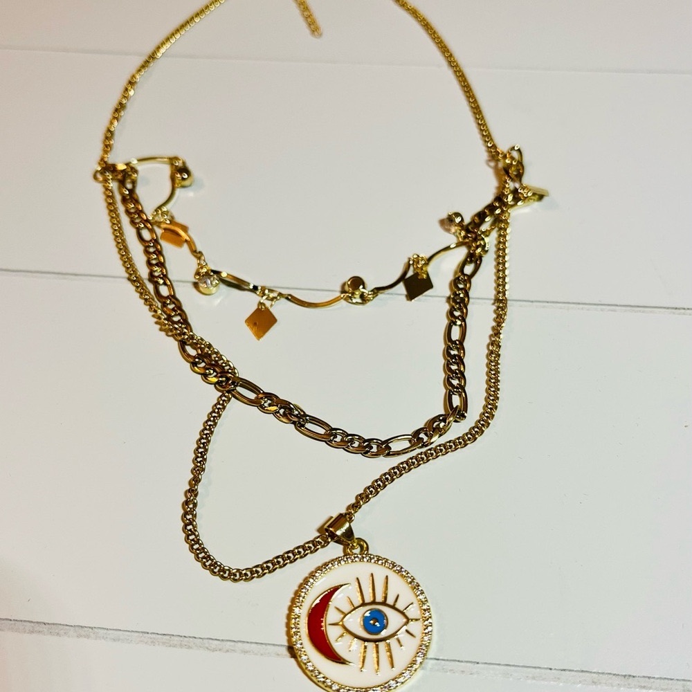 Gold Stainless Steel Red Eye Pendant Necklace